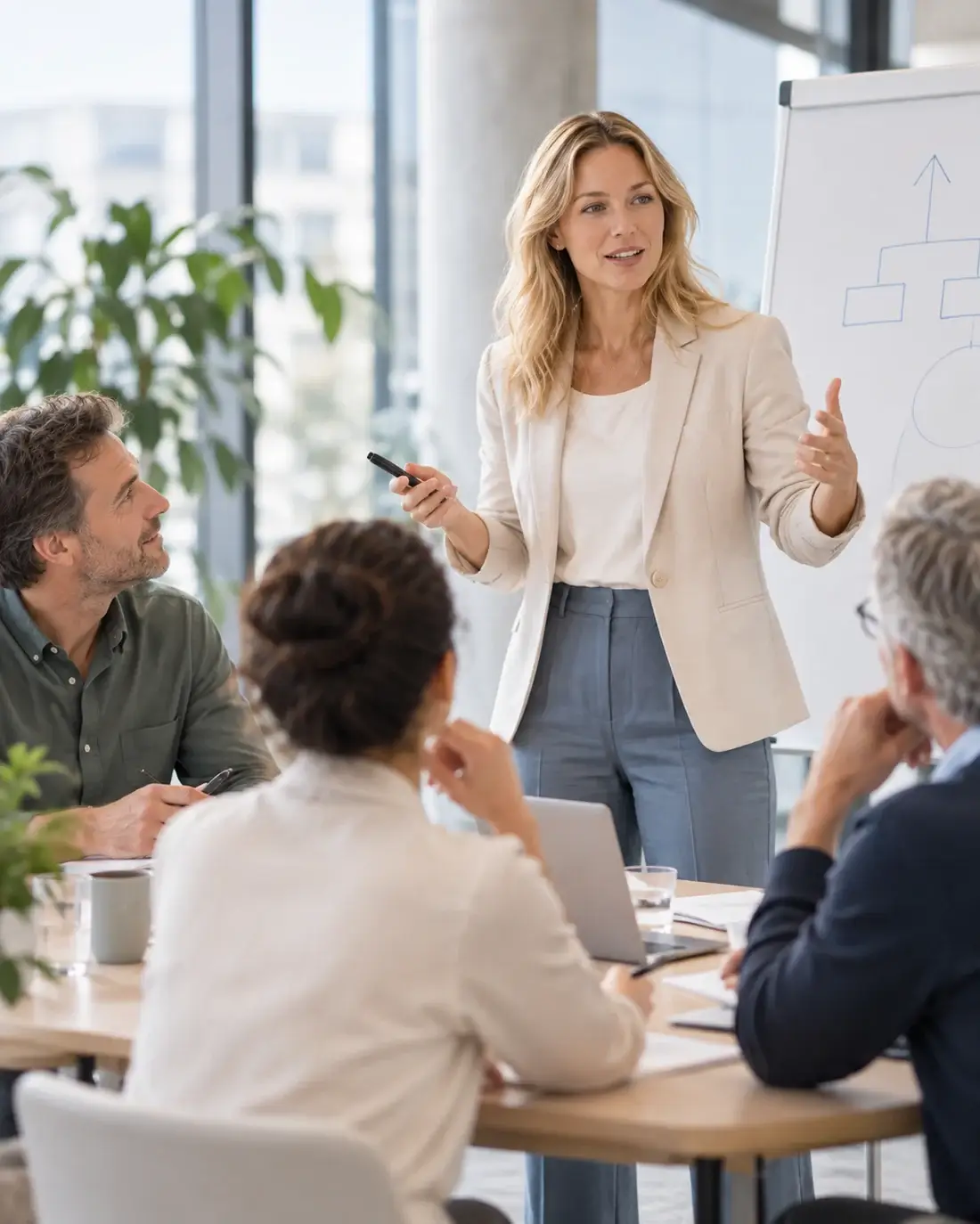 Divers team van professionals bespreekt strategie in een moderne kantooromgeving