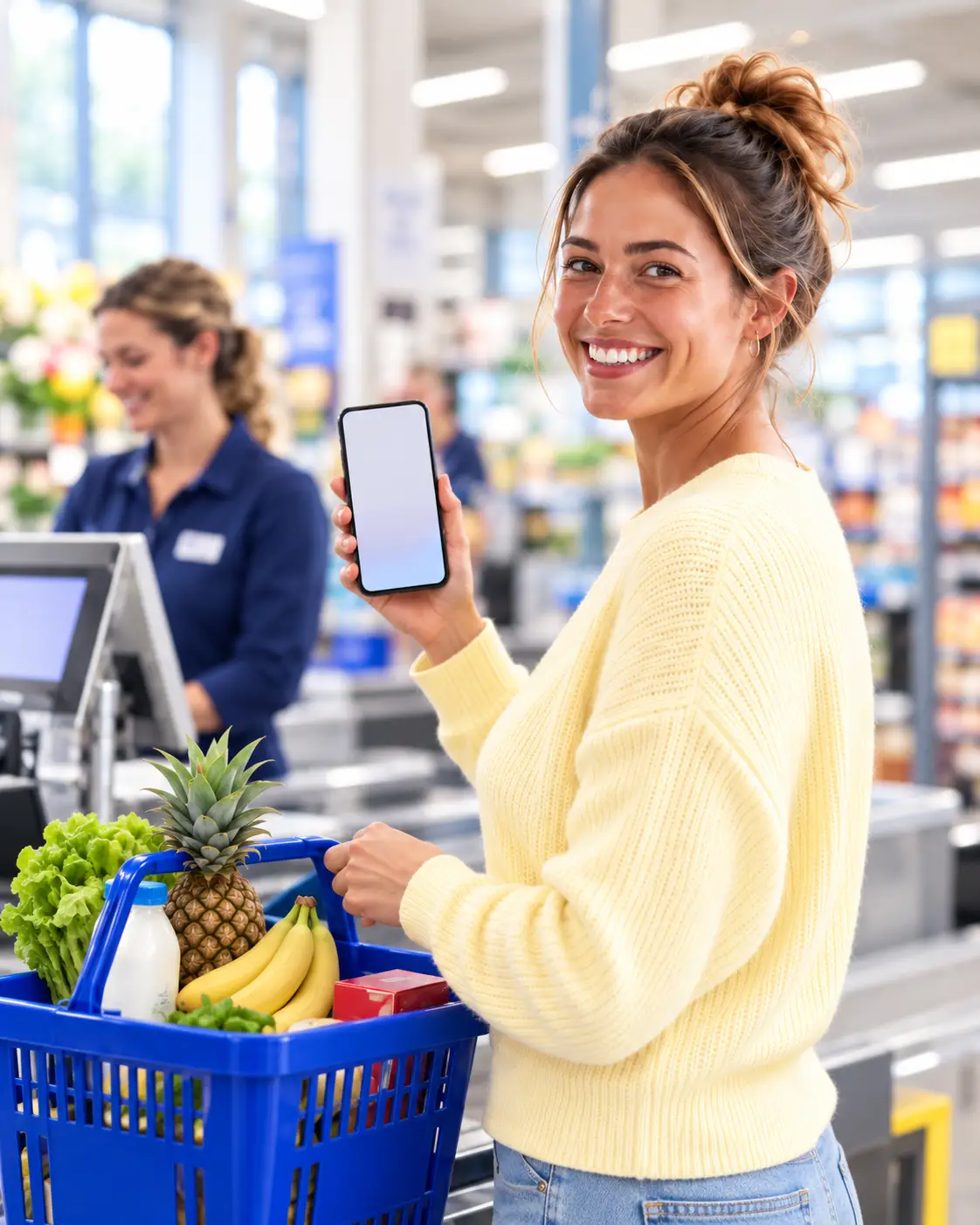 Medewerker toont de Taxvrij-app in de supermarkt