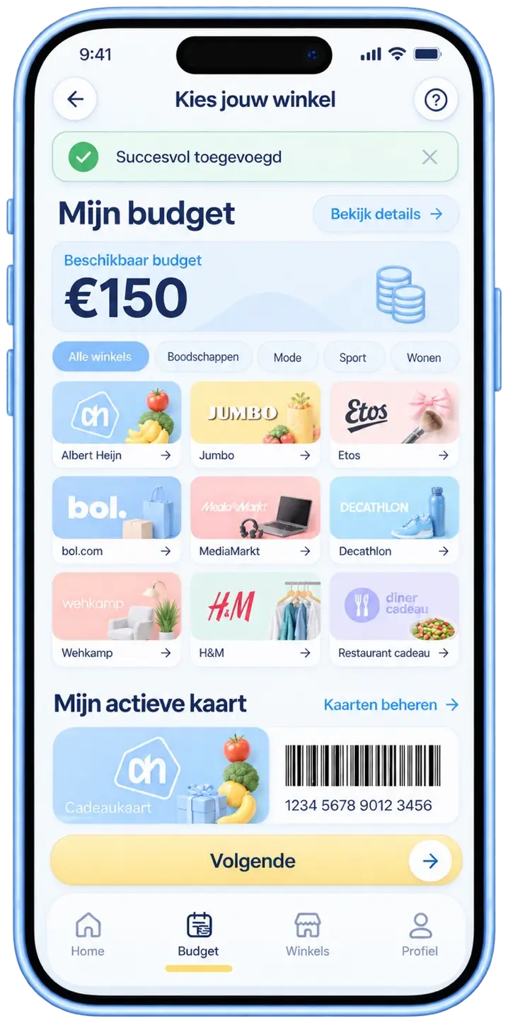 Taxvrij app met Mijn budget van €150 en winkelkeuze