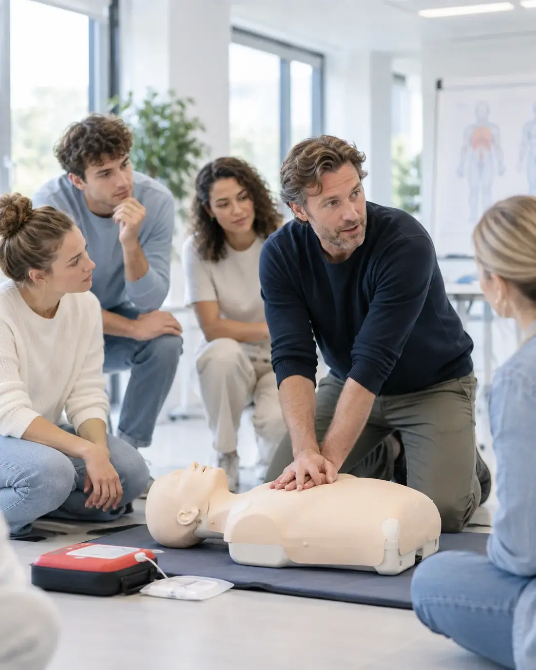 Volwassenen volgen een praktische reanimatie- en EHBO-training in een lichte ruimte