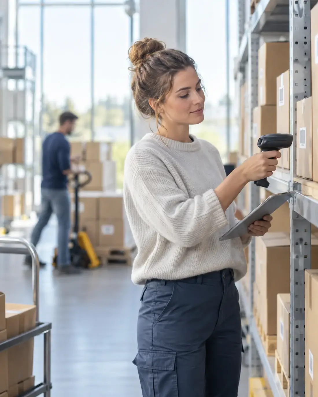 Jonge magazijnmedewerker scant pakketten tijdens een actieve logistieke training