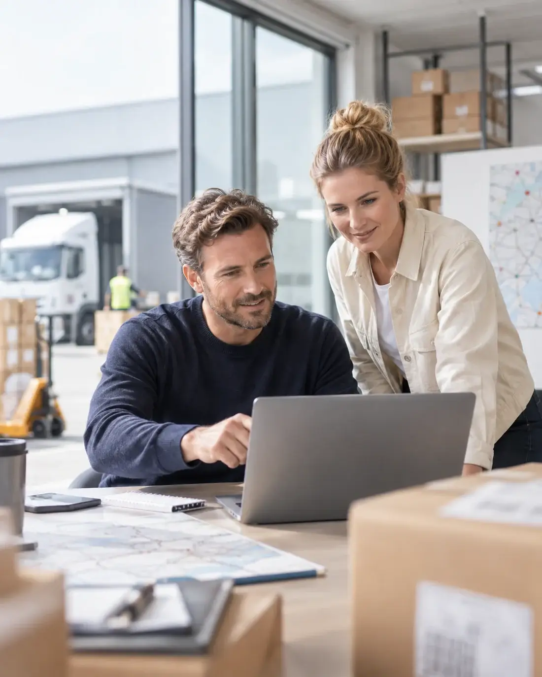 Logistieke medewerkers plannen samen transport en voorraad in een magazijn